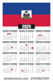 Calendario del Nuevo año 2025 con la bandera de Haití y los días festivos para imprimir