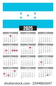 Calendario del Nuevo año 2025 con bandera de Honduras y días festivos para imprimir