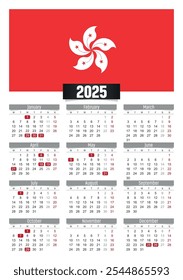 Calendario del Nuevo año 2025 con la bandera de Hong Kong y los días festivos para imprimir