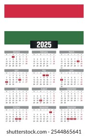 Calendario del Nuevo año 2025 con la bandera de Hungría y los días festivos para imprimir