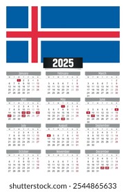 Calendario del Nuevo año 2025 con la bandera de Islandia y los días festivos para imprimir