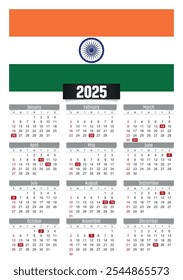 New year 2025 calendar with India flag and public holidays for print