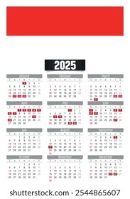 New year 2025 calendar with Indonesia flag and public holidays for print