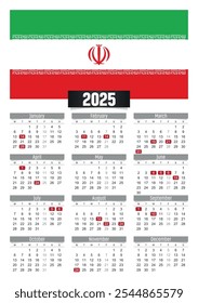 Calendario del Nuevo año 2025 con la bandera de Irán y los días festivos para imprimir