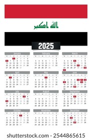 Calendario del Nuevo año 2025 con la bandera de Irak y los días festivos para imprimir