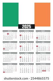 Calendario del Nuevo año 2025 con la bandera de Irlanda y los días festivos para imprimir