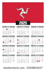 New year 2025 calendar with Isle Of Man flag and public holidays for print