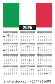 Calendario del Nuevo año 2025 con la bandera de Italia y los días festivos para imprimir