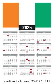 Calendario del Nuevo año 2025 con la bandera de Costa de Marfil y días festivos para imprimir