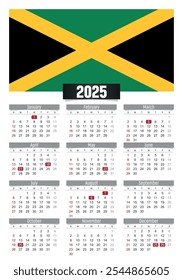 Calendario del Nuevo año 2025 con la bandera de Jamaica y los días festivos para imprimir