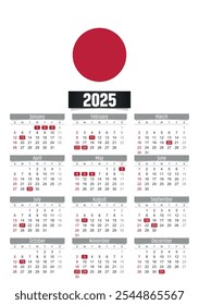 Calendario del Nuevo año 2025 con la bandera de Japón y los días festivos para imprimir