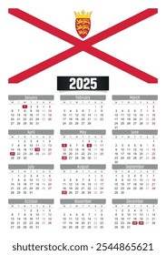 Calendario del Nuevo año 2025 con bandera de Jersey y días festivos para imprimir