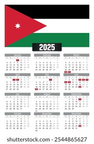 Calendario del Nuevo año 2025 con bandera de Jordania y días festivos para imprimir