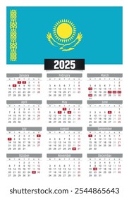 Calendario del Nuevo año 2025 con la bandera de Kazajstán y los días festivos para imprimir