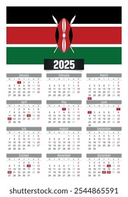 New year 2025 calendar with Kenya flag and public holidays for print