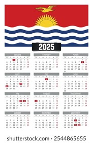 Calendario del Nuevo año 2025 con la bandera de Kiribati y días festivos para imprimir