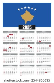 Calendario del Nuevo año 2025 con la bandera de Kosovo y los días festivos para imprimir