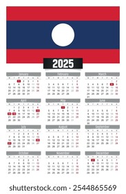 Calendario del Nuevo año 2025 con la bandera de Laos y los días festivos para imprimir