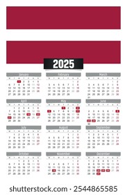 Calendario del Nuevo año 2025 con bandera de Letonia y días festivos para imprimir