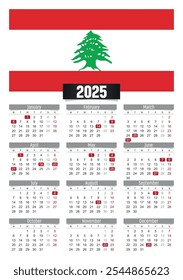 Calendario del Nuevo año 2025 con la bandera del Líbano y los días festivos para imprimir