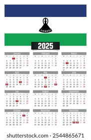 Calendario del Nuevo año 2025 con la bandera de Lesoto y los días festivos para imprimir