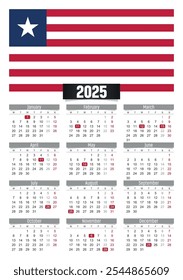 Calendario del Nuevo año 2025 con la bandera de Liberia y los días festivos para imprimir