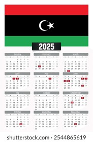 New year 2025 calendar with Libya flag and public holidays for print