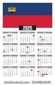 Calendario del Nuevo año 2025 con bandera de Liechtenstein y días festivos para imprimir