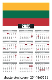 Calendario del Nuevo año 2025 con la bandera de Lituania y los días festivos para imprimir