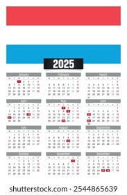 New year 2025 calendar with Luxembourg flag and public holidays for print