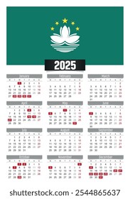 New year 2025 calendar with Macau flag and public holidays for print