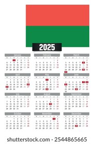 Calendario del Nuevo año 2025 con la bandera de Madagascar y los días festivos para imprimir