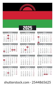 New year 2025 calendar with Malawi flag and public holidays for print