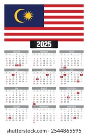 Calendario del Nuevo año 2025 con la bandera de Malasia y los días festivos para imprimir