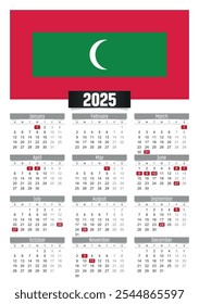 New year 2025 calendar with Maldives flag and public holidays for print