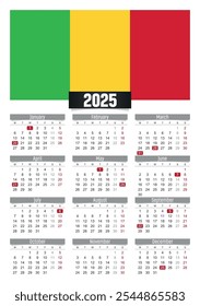 Calendario del Nuevo año 2025 con la bandera de Malí y los días festivos para imprimir