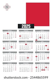 Calendario del Nuevo año 2025 con la bandera de Malta y los días festivos para imprimir