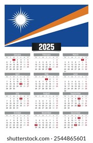 Calendario del Nuevo año 2025 con bandera de las Islas Marshall y días festivos para imprimir