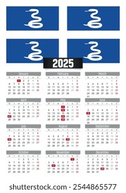 Calendario del Nuevo año 2025 con la bandera de Martinica y los días festivos para imprimir