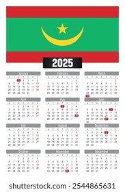 New year 2025 calendar with Mauritania flag and public holidays for print