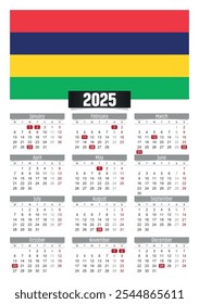 Calendario del Nuevo año 2025 con la bandera de Mauricio y los días festivos para imprimir