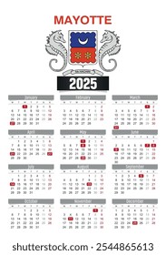 New year 2025 calendar with Mayotte flag and public holidays for print