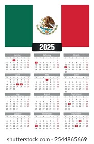 Calendario del Nuevo año 2025 con la bandera de México y los días festivos para imprimir