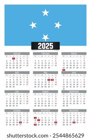 Calendario del Nuevo año 2025 con la bandera de Micronesia y los días festivos para imprimir