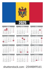 Calendario del Nuevo año 2025 con la bandera de Moldavia y los días festivos para imprimir