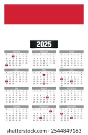 Calendario del Nuevo año 2025 con bandera de Mónaco y días festivos para imprimir