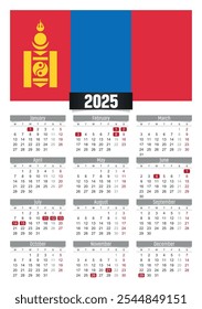 Calendario del Nuevo año 2025 con la bandera de Mongolia y los días festivos para imprimir