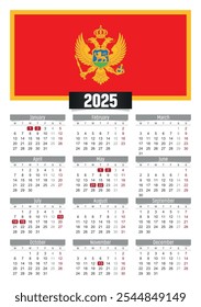 New year 2025 calendar with Montenegro flag and public holidays for print