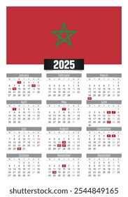 Calendario del Nuevo año 2025 con la bandera de Marruecos y los días festivos para imprimir