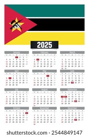 New year 2025 calendar with Mozambique flag and public holidays for print